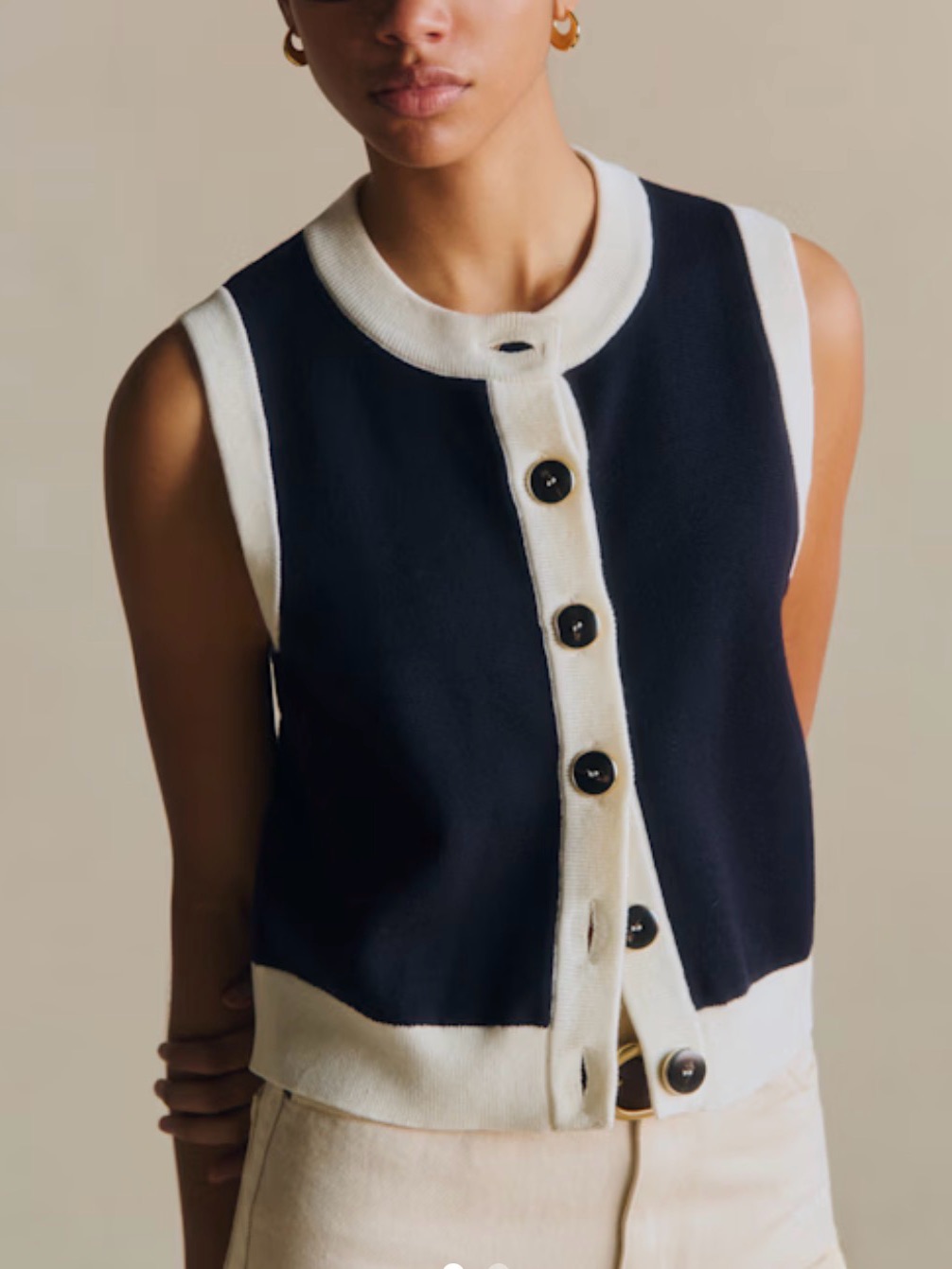 Nwt Sezane Nawel Cardigan Tank Sweater Top Navy Ecru - Size Medium